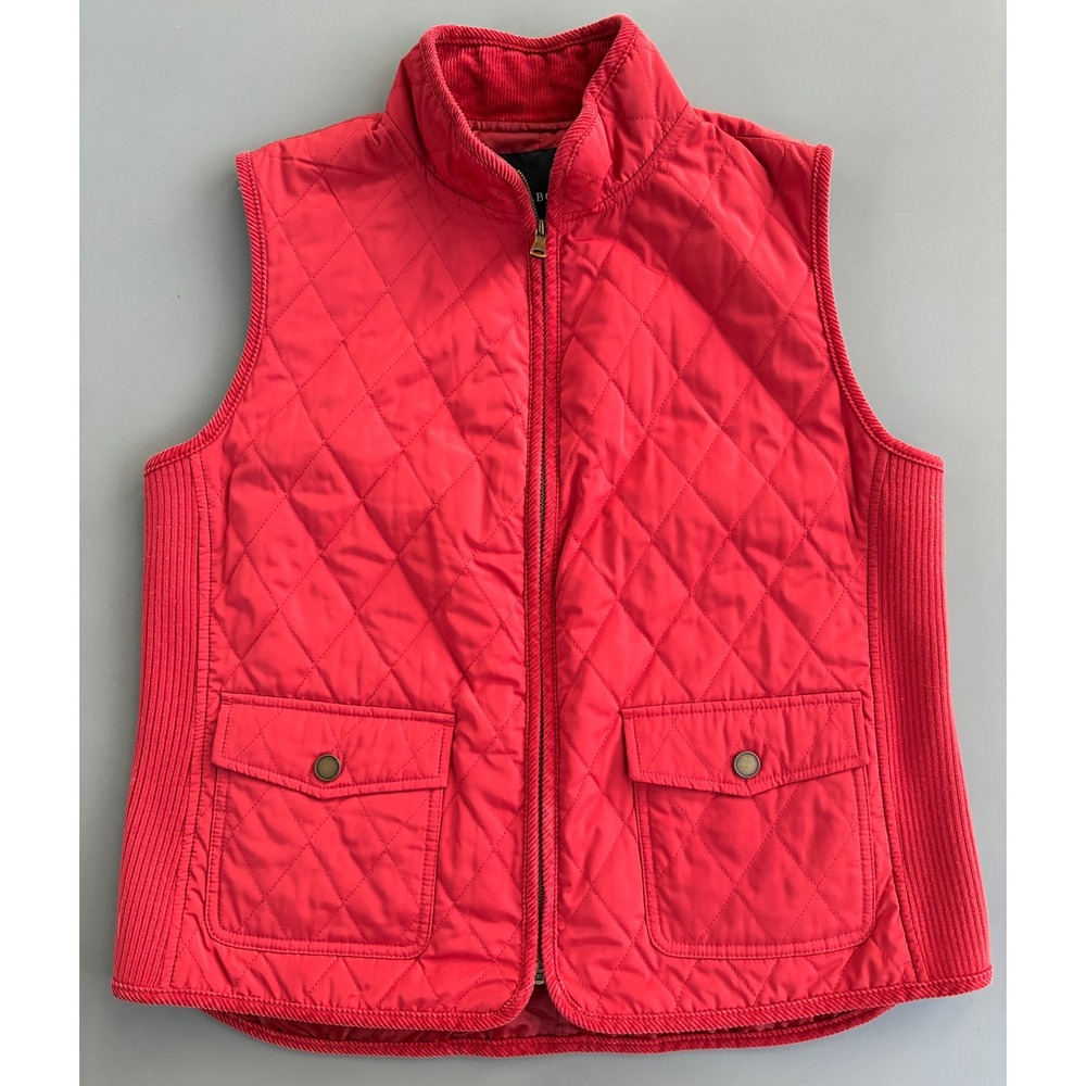 Talbots Womens Red Quilted Vest Ribbed Sides Corduroy Trim Pockets Size Large